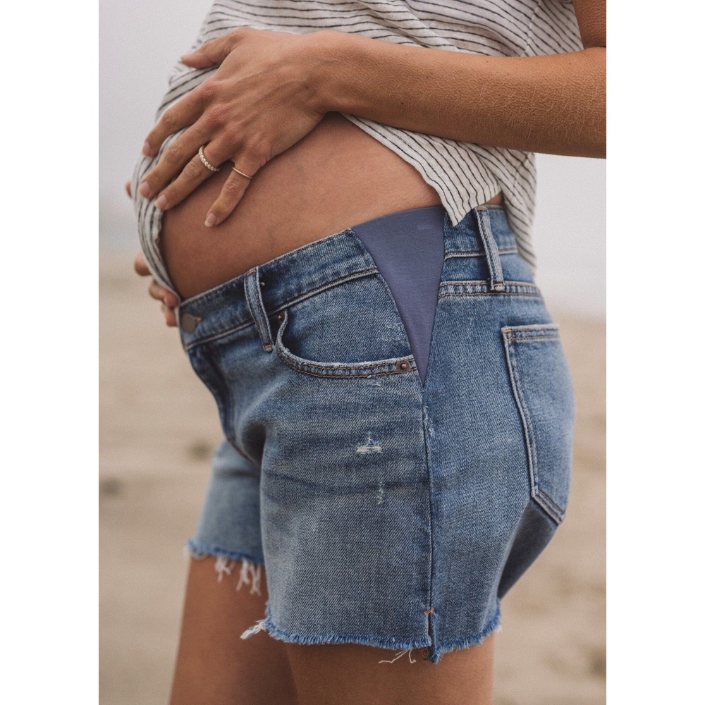 Hatch Blue Denim Maternity Jean Shorts with Navy Side Panels, Size 33